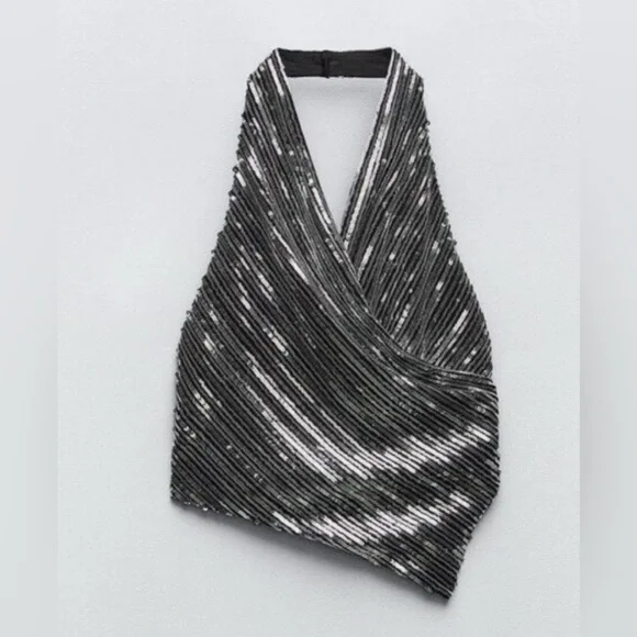 ZARA Black and Silver Sequin Halter Top size small - Picture 4 of 9